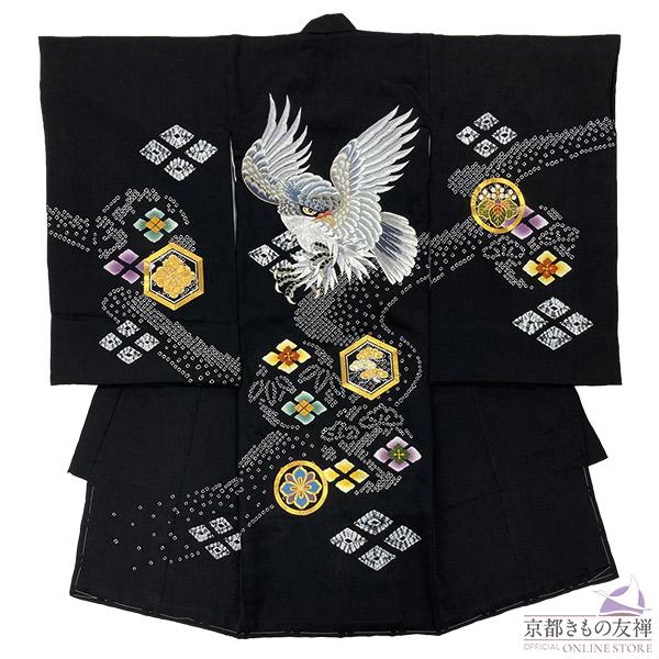 (レンタル) お宮参り 産着 男の子 着物 正絹 初着 祝着 長襦袢 ベビー 黒 鷹 絞り 刺繍 古...