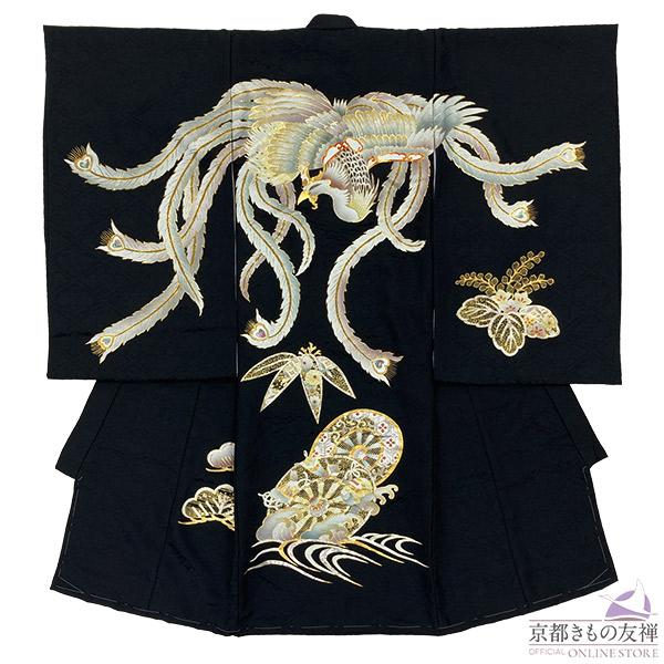 (レンタル) お宮参り 産着 男の子 着物 正絹 初着 祝着 長襦袢 ベビー 黒 鳳凰 絞り 刺繍 ...