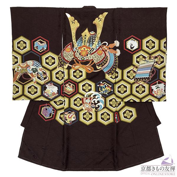 (レンタル) お宮参り 産着 男の子 着物 正絹 初着 祝着 長襦袢 ベビー 茶 兜 カブト 古典柄...