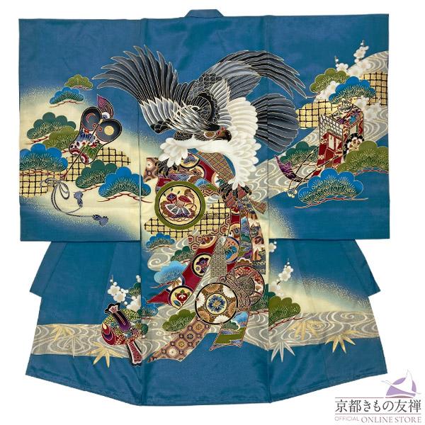 (レンタル) お宮参り 産着 男の子 着物 正絹 初着 祝着 長襦袢 ベビー 青 鷹 古典柄 熨斗目...