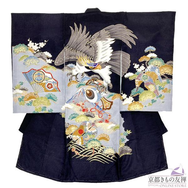(レンタル) お宮参り 産着 男の子 着物 正絹 初着 祝着 長襦袢 ベビー 黒 鷹 古典柄 熨斗目...