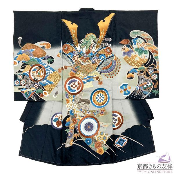 (レンタル) 産着 お宮参り 男の子 着物 初着 祝着 長襦袢 ベビー 黒 兜 龍 束ね熨斗 古典柄...