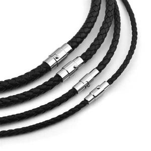 男性と女性のための革のネックレス 黒い茶色の編みこみのコードチェーン シンプルなジュエリー 磁気ギフト｜yuzuriha-store