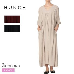 ハンチ ワンピース レディース ナイロンビスコース 7分袖ピンタック ワンピース HUNCH WOH5324 ベージュ レッド 赤 ワンピース