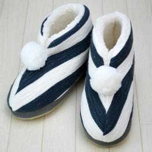 ルームブーツ ボーダー ファー付き ピンク/グ...の詳細画像3