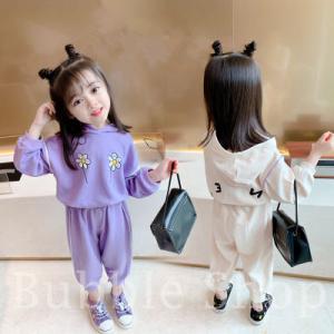 子供服 セットアップ 女の子 キッズ 2点セット 長袖 花柄 パーカー スウェットパンツ フード付き...