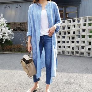 長袖シャツ シャツ レディース ロングシャツ 長袖 紫外線対策 ストライプ 薄手 ゆったり UVカッ...