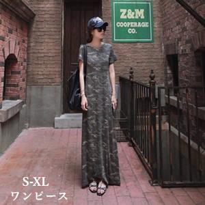 半袖ワンピース マキシワンピース レディース ロング丈 半袖 丸首 迷彩 Aライン 大きいサイズ ゆ...