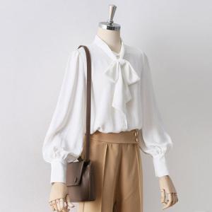 シフォンシャツ 長袖シャツ レディース 無地 シングル 蝶結び パフスリーブ ゆったり 着痩せ おし...