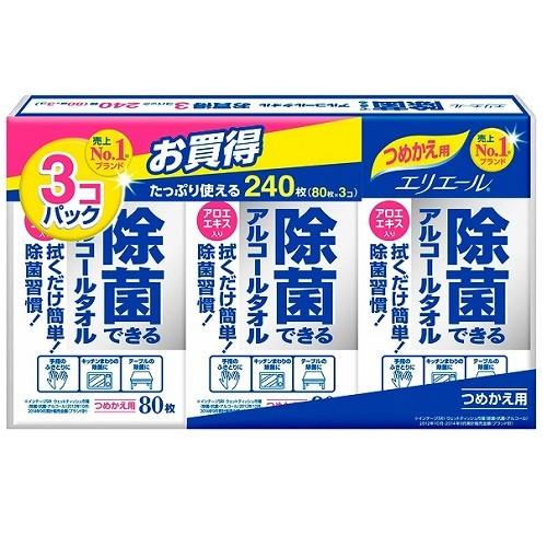(大王製紙)エリエール 除菌できるアルコールタオル 詰替え 80枚×3個パック