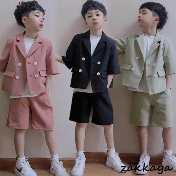 子供スーツ フォーマル 男の子 子供服 セットアップ キッズ おしゃれ 五分袖 春夏 2点セット ア...