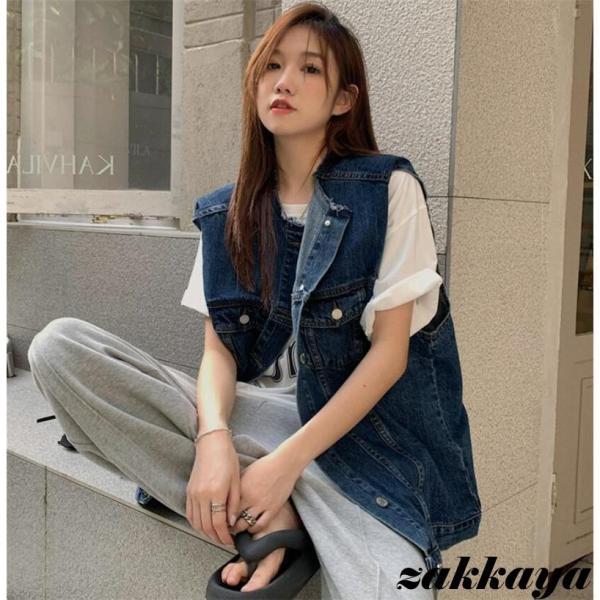 ベスト レディース ジレ デニム ジレベスト 前開 ノースリーブ 秋服 アウター カジュアル 20代...