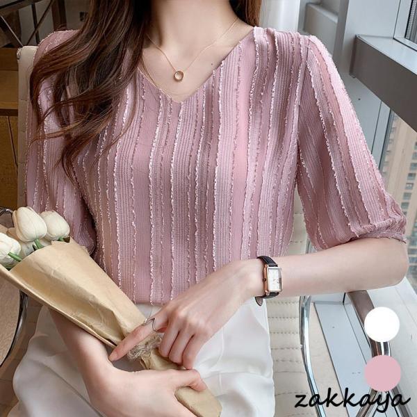 ブラウス レディース カジュアルシャツ 夏 春 5分袖 vネック 白 30代 40代 50代 上品 ...