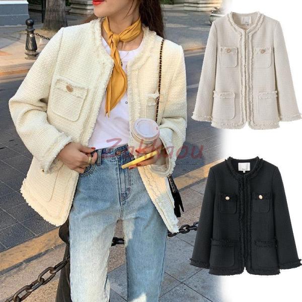 秋冬 ツイードジャケット ノーカラー レディース ジャケット フォーマル きれいめ ショート丈 羽織...