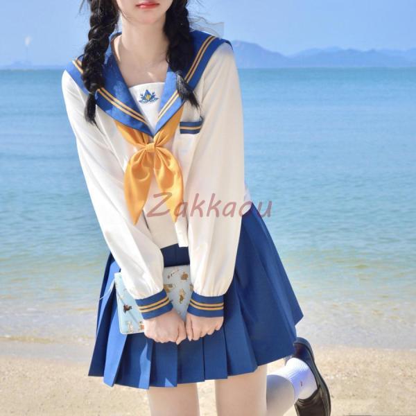 女子制服 セーラー服 コスプレ可愛いレディース 制服 青い上着  スカーフ3点セット 学生服 JC ...