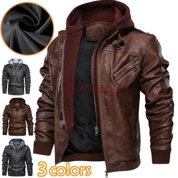 レザーパーカー メンズ フード付き シンプル レザー ライダース 革ジャン フェイクレザー シングル...