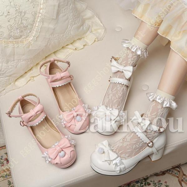 子供靴 大きいサイズ リボン パンプス 子供シューズ ゴスロリ靴 厚底 メイド 靴 フリル パンプス...