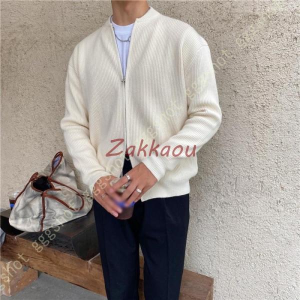 ジップアップ メンズ ニット ビジネス カーディガン ジャケット ケーブルニット細身 立ち襟 ポリエ...