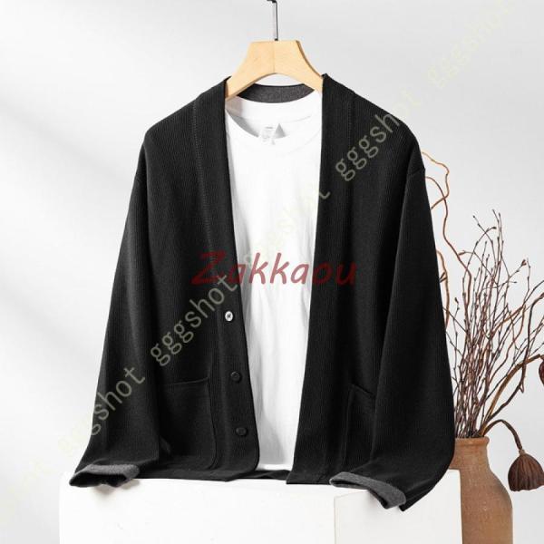 メンズ 秋服 和式カーディガン メンズ 無地 羽織 長袖 前開き 和風 Vネックジャケット セーター...