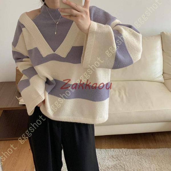 オフショルダー 肩出し ニット セーター レディース 重ね着風 ボーダー ゆったり カジュアル 長袖...