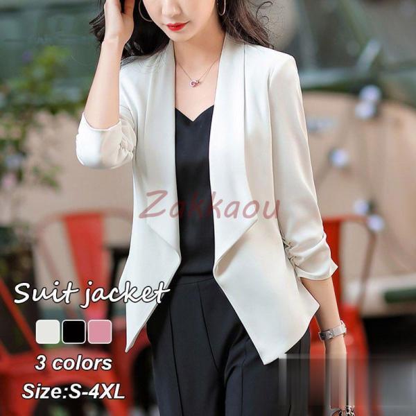テーラードジャケット レディース 40代 七分袖スーツジャケット 黒 ブレザーコート 薄手スーツ ゆ...
