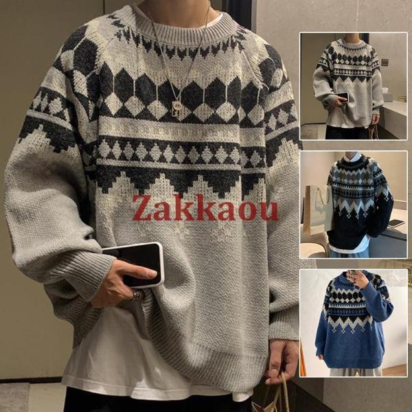 ニットセーター メンズ 長袖 クルーネックセーター ネイティブ柄プルオーバーセーター 秋冬 防寒セー...