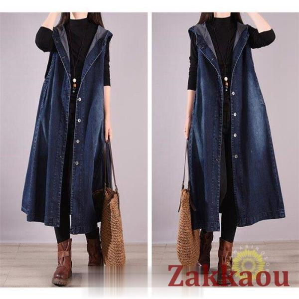 ベスト レディース ジレ デニム ロングベスト 前開 ジレベスト トレンチコート ノースリーブ 秋服...