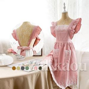 ピンク エプロン　レース付き エプロン レディース レース付き フレア フリル 姫系 H型 保育士 業務