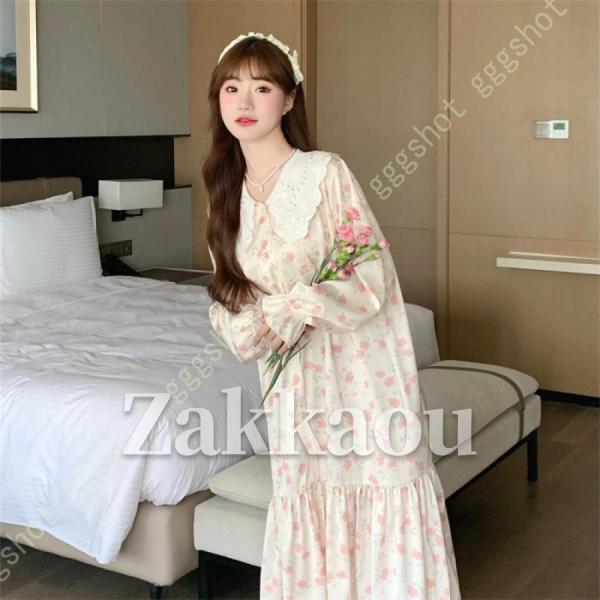 ネグリジェ レディース パジャマ ルームワンピース ルームウェア ワンピース 長袖 ナイトガウン 部...