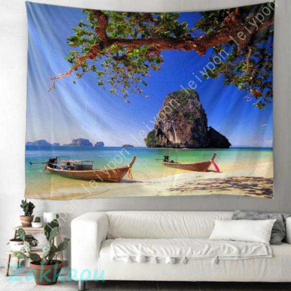 自然風景 タペストリー ボート インテリア 多機能壁掛け ファブリック装飾用品 海タ ペストリー お...