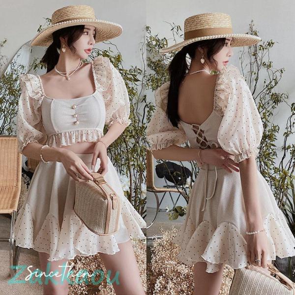 水着 パフスリーブ スカート 可愛い水着 レディース フリル ドット 2点セット ベージュ 水着セッ...