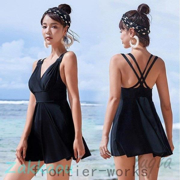 水着レディース 体型カバー 水着 ワンピース型 ショートパンツサロペット水着 黒 レースアップ vネ...