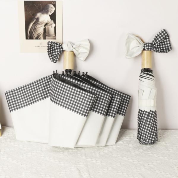 日傘 折りたたみ 晴雨兼用 傘 三折 撥水 チェック柄 遮光遮熱 紫外線カット フェイクウッドハンド...