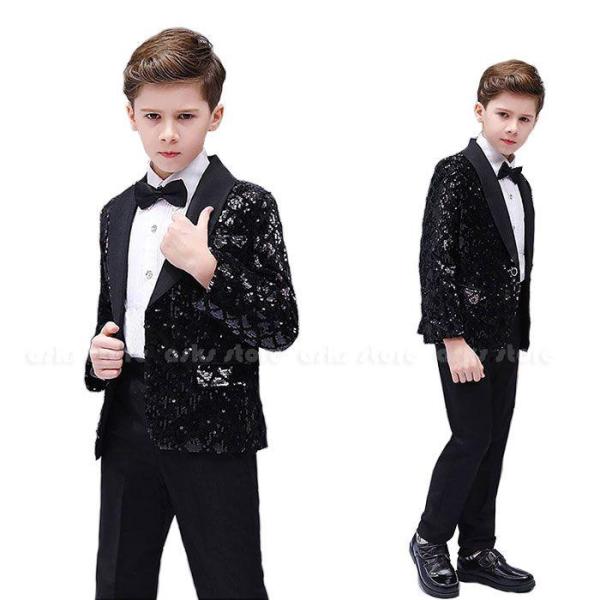 キッズスーツ 子供服 男の子 セットアップ スパンコールジャケット シャツ パンツ 蝶ネクタイ キッ...