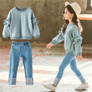 子供服 女の子 韓国子供服 セットアップ キッズ 秋服 長袖 トップス ブラウス シャツ デニムパンツ ロングパンツ 子ども服 ジュニア おしゃれ 可愛い 新品 150｜zairi168huku