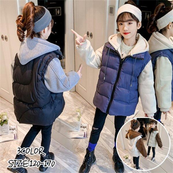 キッズ 中綿ジャケット 重ね着 子供服 フード付きコート 中綿コート ロング丈 キッズ 中綿コート ...