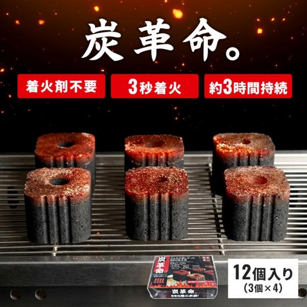 着火炭 木炭 バーベキュー用 12個入(3個×4袋) 1箱 着火剤不要 簡単着火 約3時間燃焼 炭 ...