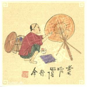 中国 老北京 手描き絵 40 補傘 傘の修理屋さん 18cm レトロ 手書き 昔の風景画 台紙付き 額無し｜zakka-hanakura