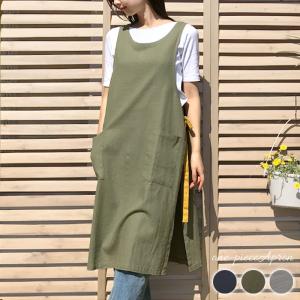 エプロン おしゃれ かぶり ワンピース ロング 無地 サイドリボン 洋服 麻 ワンマイル プレゼント ギフト 母の日