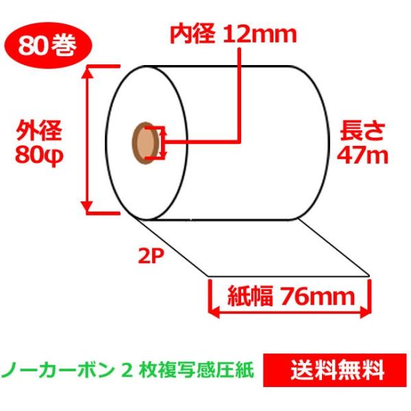 ノーカーボン複写感圧紙ロール 76mm×80mm×12mm 80巻
