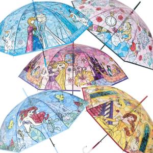 キャラクター ステンドグラス 傘 ビニール 傘 60cm かわいい ビニ傘 ジャンプ傘 ディズニー アリエル ラプンツェル アナと雪の女王 ベル 長傘 雨傘 レディース｜zakka-off