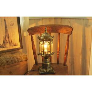 テーブルランプ 真鍮 ガレ風 アールデコ調 ブルーフローラル柄 ガラス