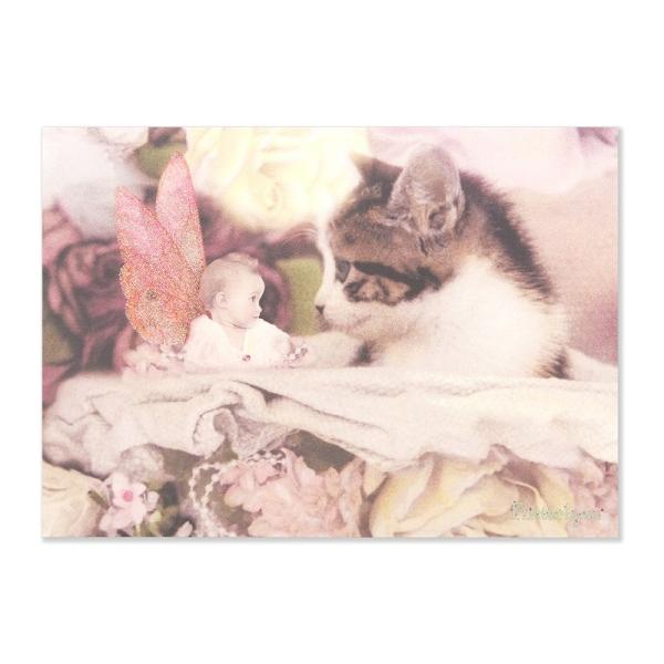 【35％OFF】 ポータル 二つ折り （見つめあう猫と妖精） 封筒付き グリーティングカード