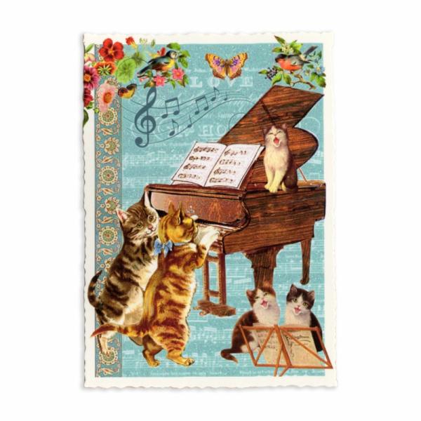 ドイツ製 ラメ＆ダイカット ポストカード (ネコ×ピアノ)