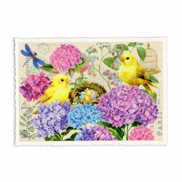 ドイツ製 ラメ＆ダイカット ポストカード (鳥×アジサイ)