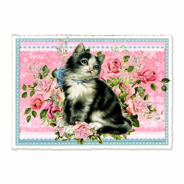 ドイツ製 ラメ＆ダイカット ポストカード  (ネコ×ピンクローズ)