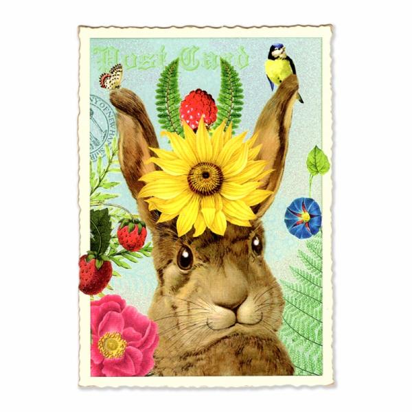 ドイツ製 ラメ＆ダイカット ポストカード  (うさぎ×ひまわり)