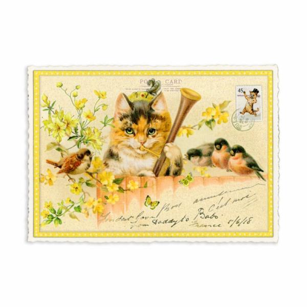 ドイツ製 ラメ＆ダイカット ポストカード (ネコ×ラッパ)