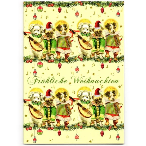 【クリスマス】 封筒付きキラキラグリッターグリーティングカード (楽器とイヌ) ドイツ製