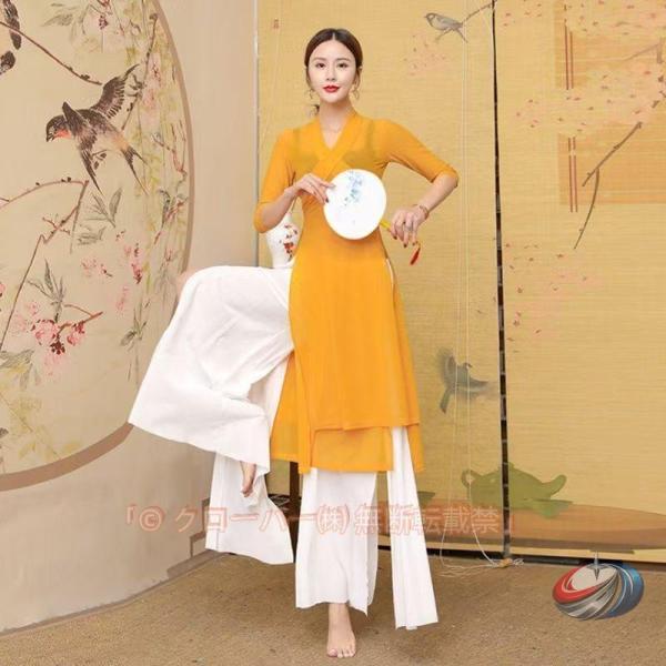 古典舞踊ダンス衣装 レディース大人中国民族風ダンス衣装 チャイナ服ロングブラウス ガウチョパンツ ワ...